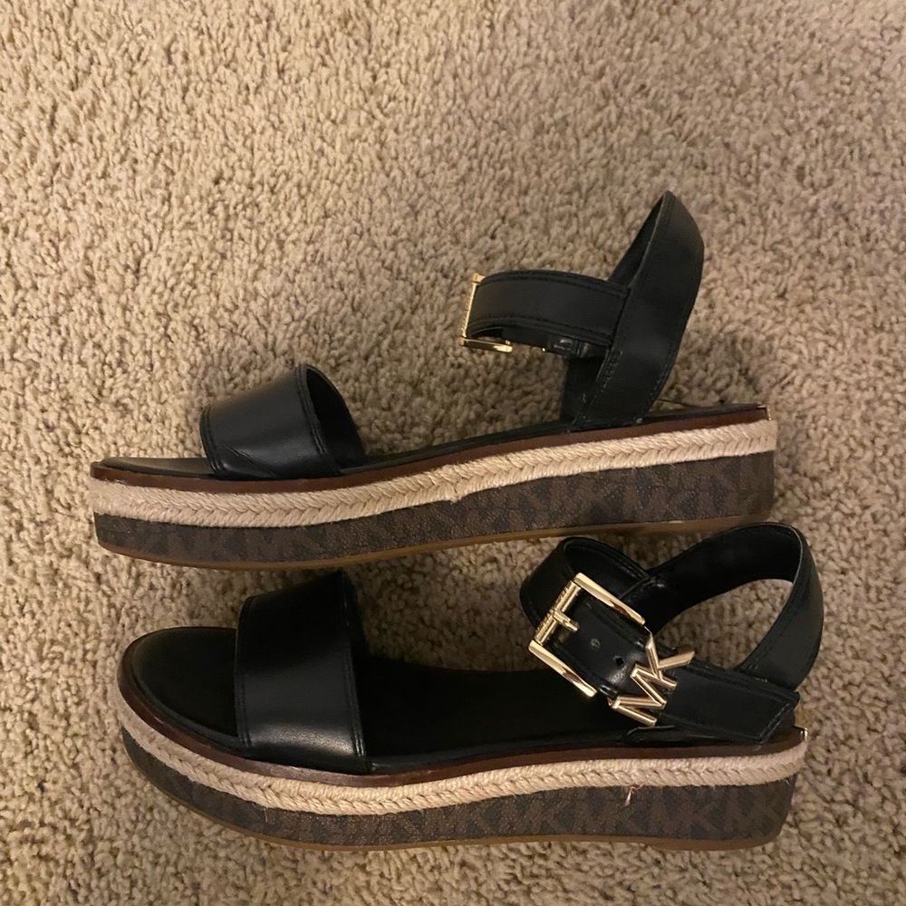 Michael Kors Black and Gold Platform Sandals, size 6.5